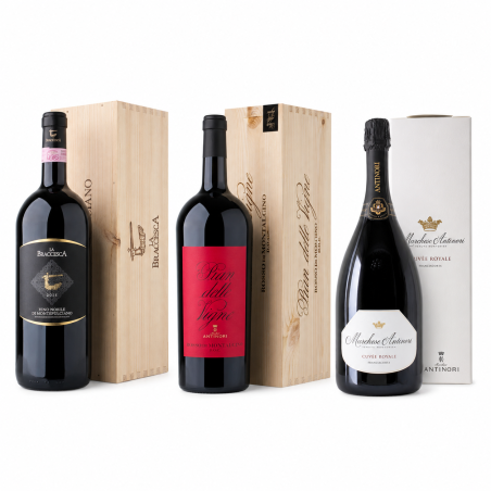 Box Magnum Antinori : Nobile di Montepulciano + Rosso di Montalcino + Franciacorta [3 bot Magnum]